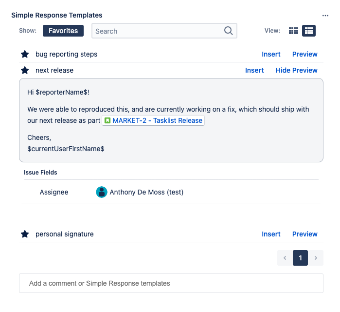 template insert with preview and issue fields