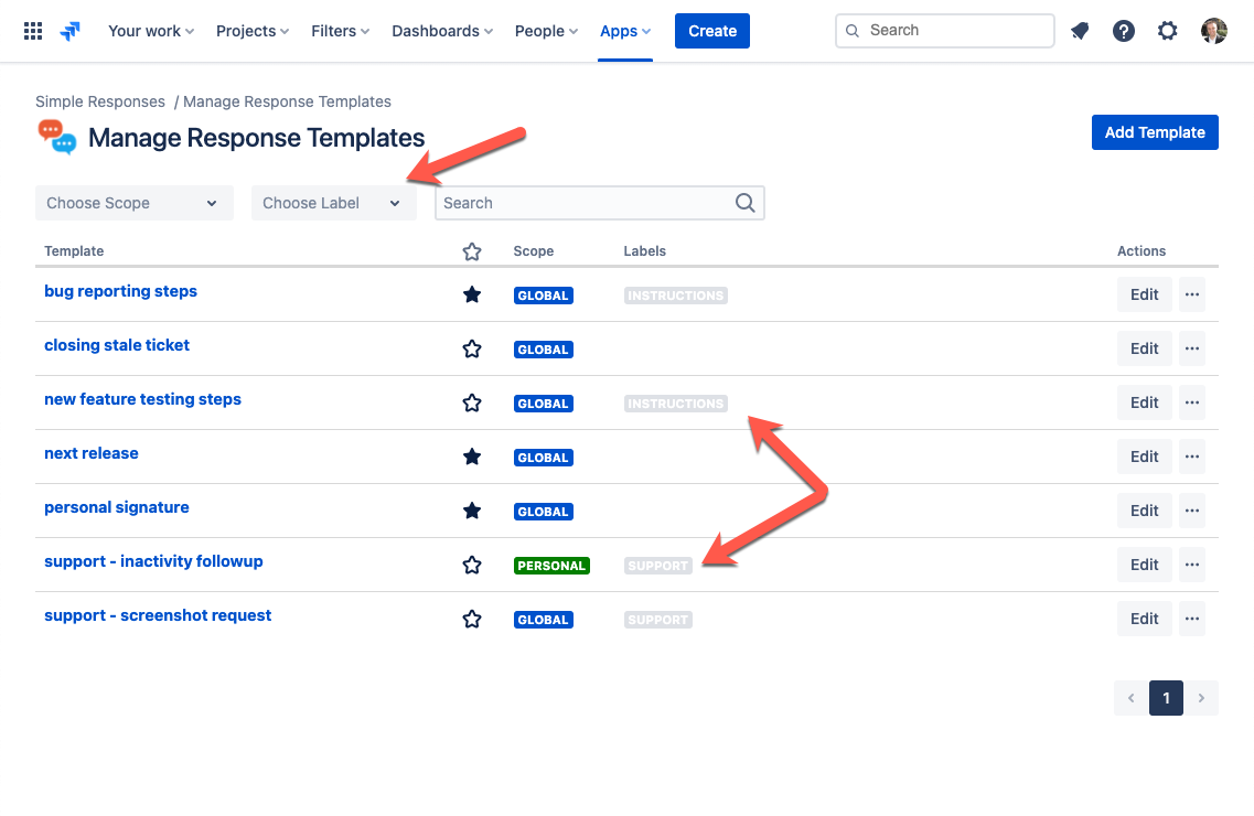 manage templates screen with labels