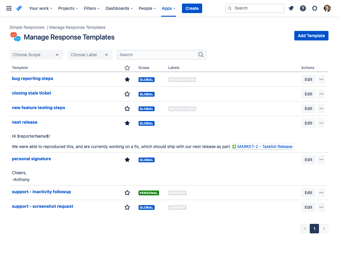 manage templates screen with preview