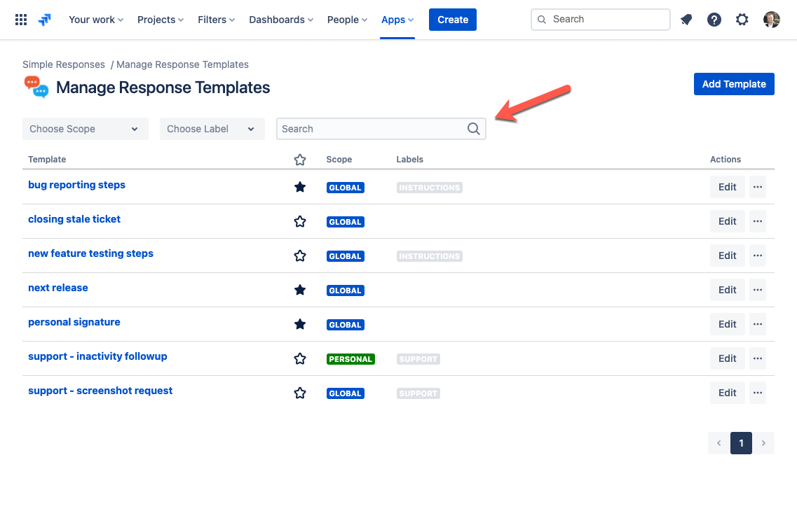 manage templates with search highlight