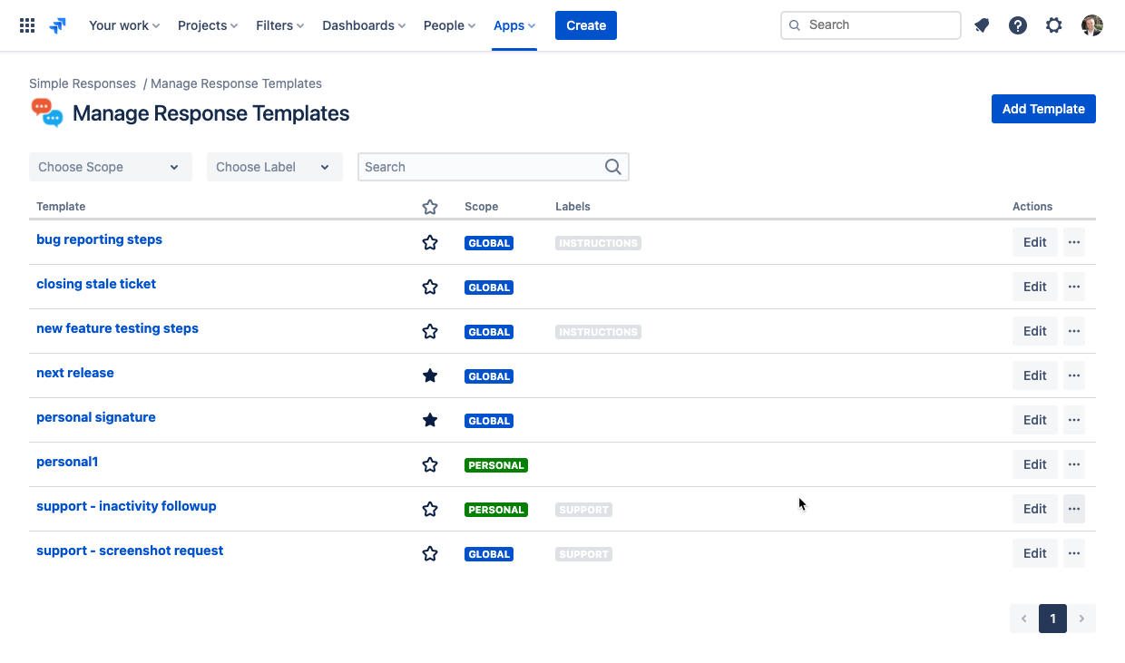 manage templates screen